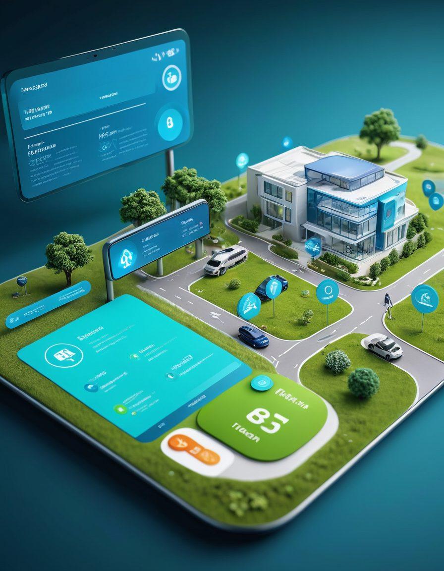 A detailed digital roadmap showcasing various online insurance solutions, with bright icons representing different types of coverage like health, auto, and home. Include a user-friendly interface with a futuristic touch, highlighting interactive elements like buttons and sliders. A person navigating through this digital landscape, looking confident and engaged. The background should be a blend of soothing tech colors like blue and green. super-realistic. vibrant colors. 3D.