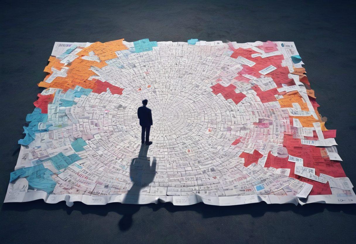 A person standing at a complex crossroads made of insurance policy papers, holding a giant magnifying glass, looking at various signposts labeled 'Coverage', 'Quotes', and 'Solutions'. The scene is vibrant and colorful, with puzzle pieces scattered around, symbolizing the complexities of insurance. The background is a surreal maze, inviting intrigue and discovery. super-realistic. vibrant colors. 3D.
