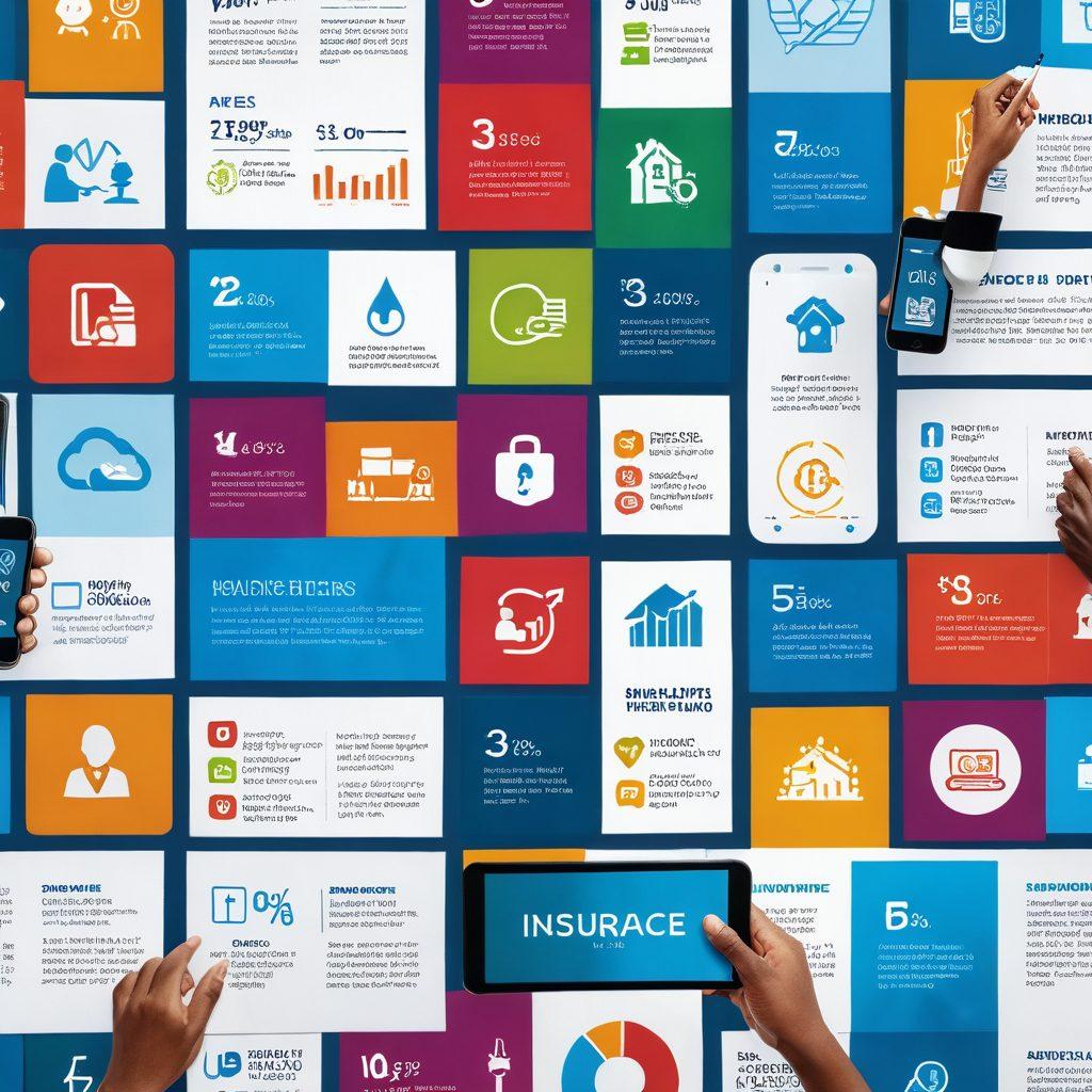 A visually appealing collage illustrating a diverse group of people comparing various insurance quotes on digital devices, surrounded by icons representing savings, protection, and safety. Include vibrant graphs and charts in the background that showcase the benefits of smart insurance choices. Use a modern, clean layout to convey clarity and professionalism. Bright colors to capture attention and evoke a sense of trust. super-realistic. vibrant colors. white background.